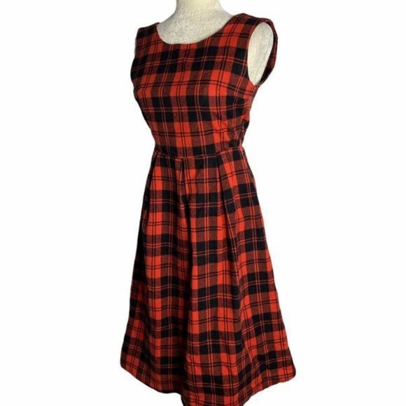 Nana For You Pinafore Wool Midi Dress S Red Plaid Open Back Zip Sleeveless - Picture 2 of 7